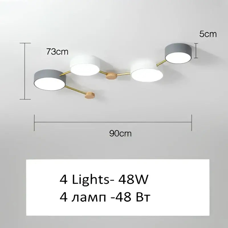 Modern white and gray wood ceiling chandelier with four white circular bulbs and gold toned arms for living room lighting