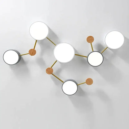 Modern white and gray wood ceiling chandelier with circular luminous panels and gold metal arms for living room lighting