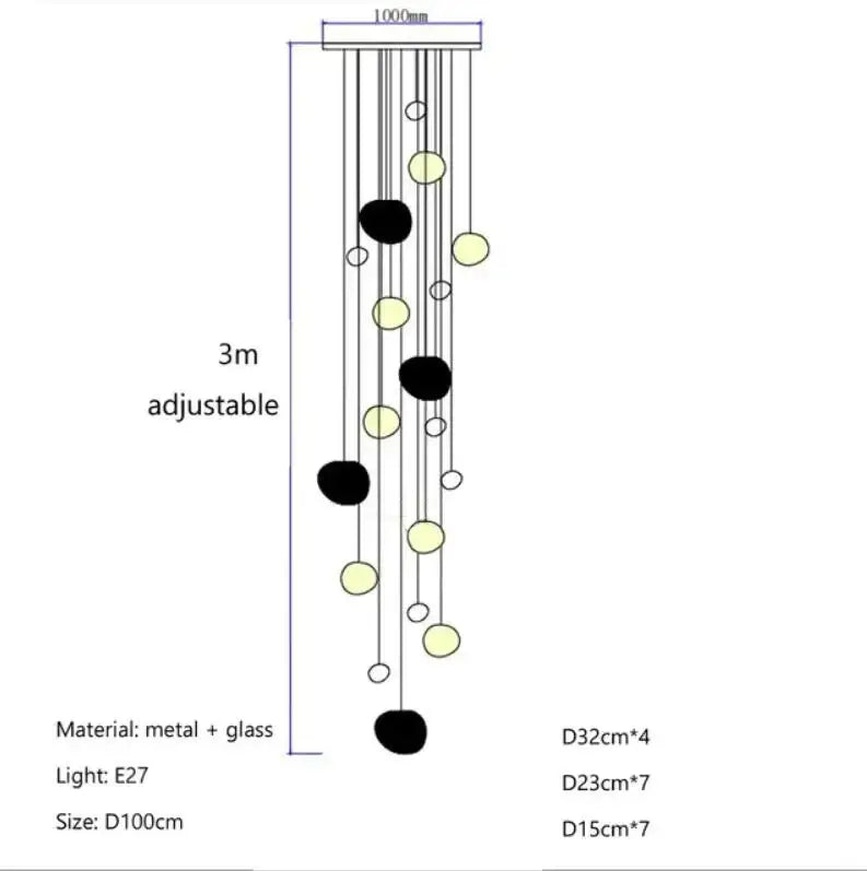 Modern white gregg glass suspension pendant light with sleek metal frame and black white pale yellow glass orbs for villa staircase decor