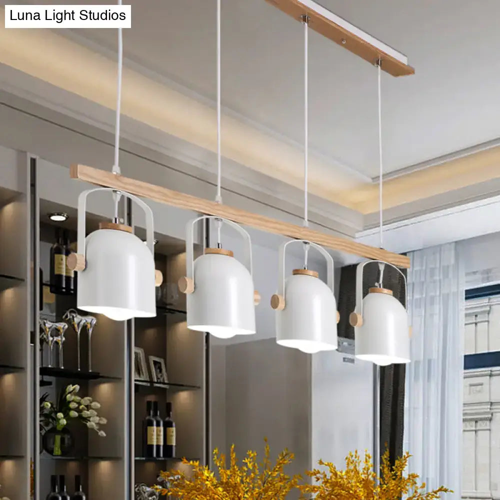 Modern white and grey dome shade chandelier with wooden accents and metal frame for nordic island lighting