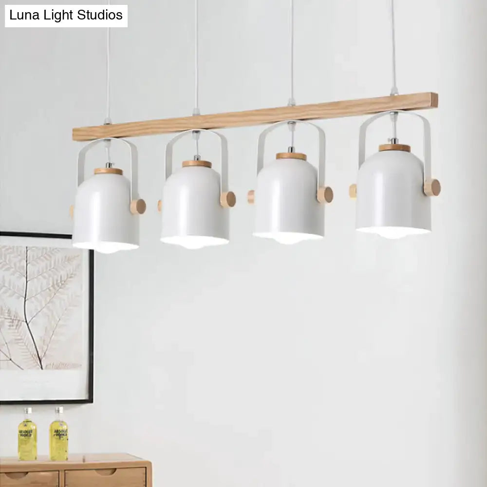 DecorBites™ modern white pendant light with four grey dome shade metal fixtures and natural wood beam accents
