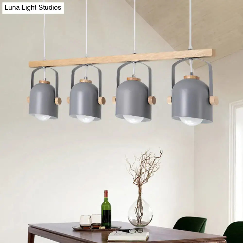 DecorBites modern grey dome shade chandelier with metal and wooden accents hanging from light wood beam