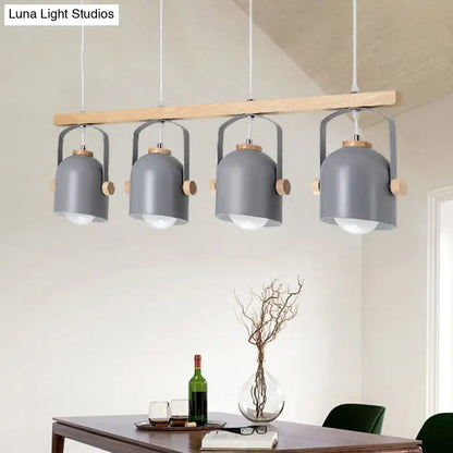 DecorBites modern grey dome shade chandelier with metal and wooden accents hanging from light wood beam