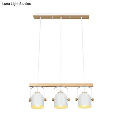 Modern white and grey dome shade chandelier with wooden accents featuring three hanging dome shade lampshades