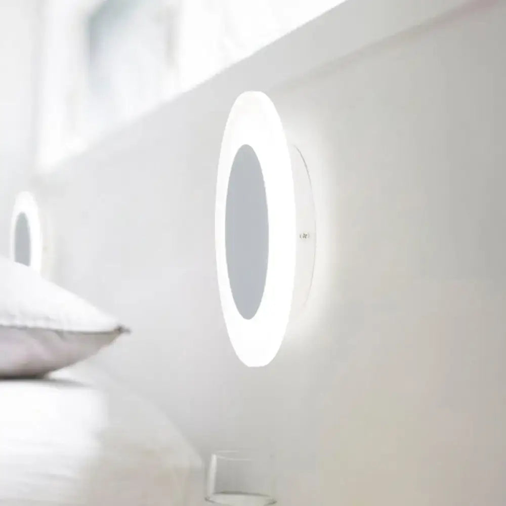 Modern white halo ring wall lighting fixture with circular white led mirror and glowing ring light for bedroom wall lighting