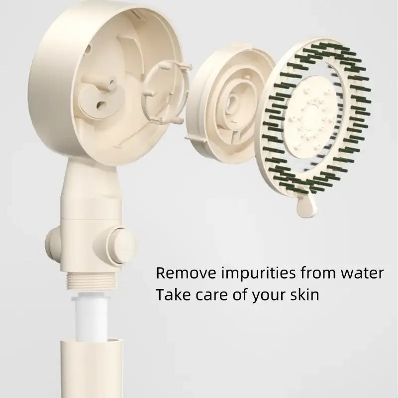 Beige showerhead with removable filter and black bristles for water purification in modern white handheld shower set decorbites black gas