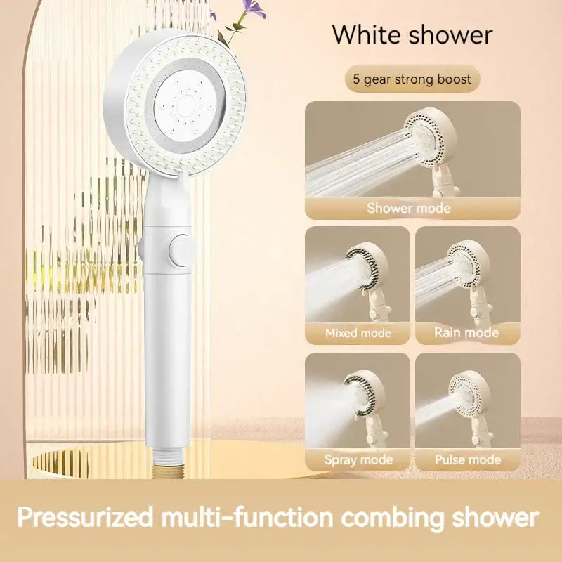 Modern white handheld shower set with white pressurized multi-function combing shower head and 5 gear boost, ideal for decorbites black gas rain bathroom decor