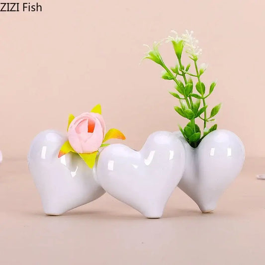 Modern white decorbites heart ceramic vases with artificial greenery for elegant desk decor and home accents