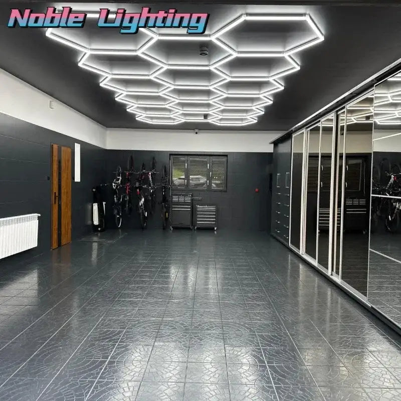 Modern white hexagon ceiling light fixture with sleek frame and bright illumination for garage or decorbites hexagon ceiling use