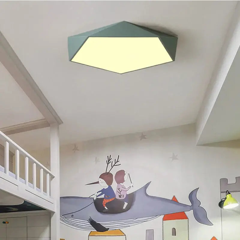 Modern white hexagonal led ceiling lamps with matte teal frame and warm yellow illumination for living room lighting
