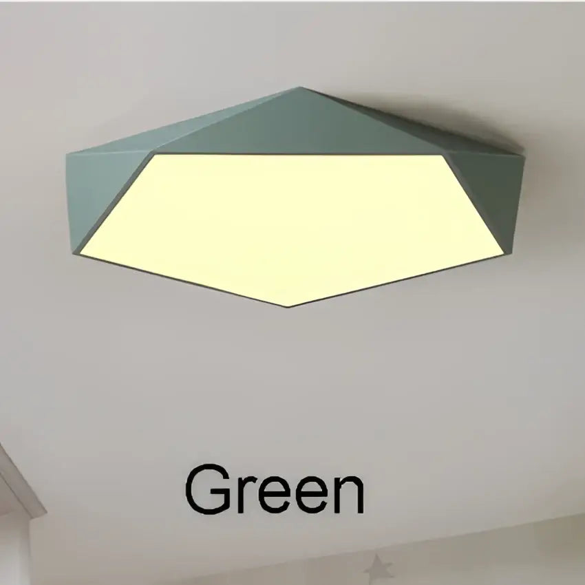 Modern white hexagonal led ceiling lamps featuring a geometric green design with soft warm illumination for living rooms