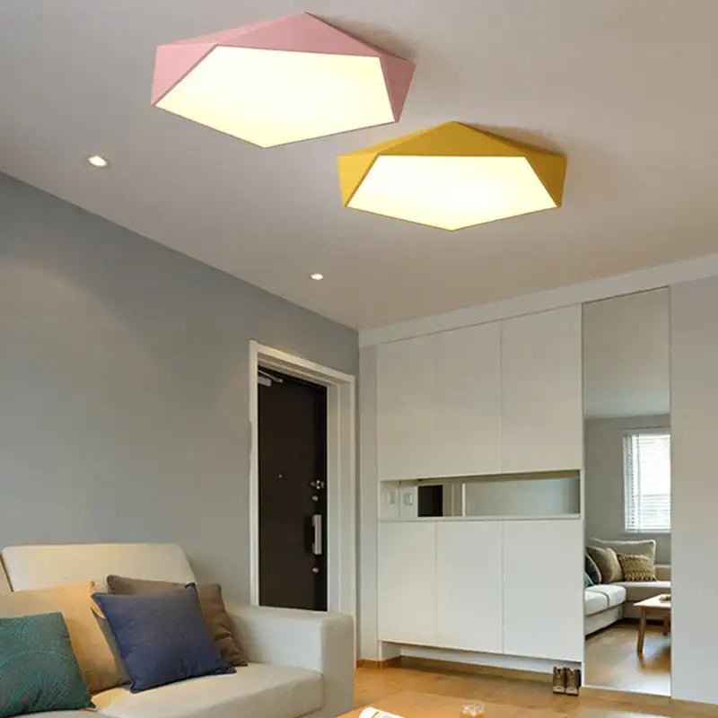 Modern white hexagonal led ceiling lamps with pink and yellow geometric design for living room lighting