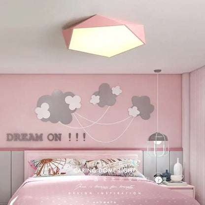 Pink hexagonal led ceiling lamp with modern geometric design for living room lighting in white material