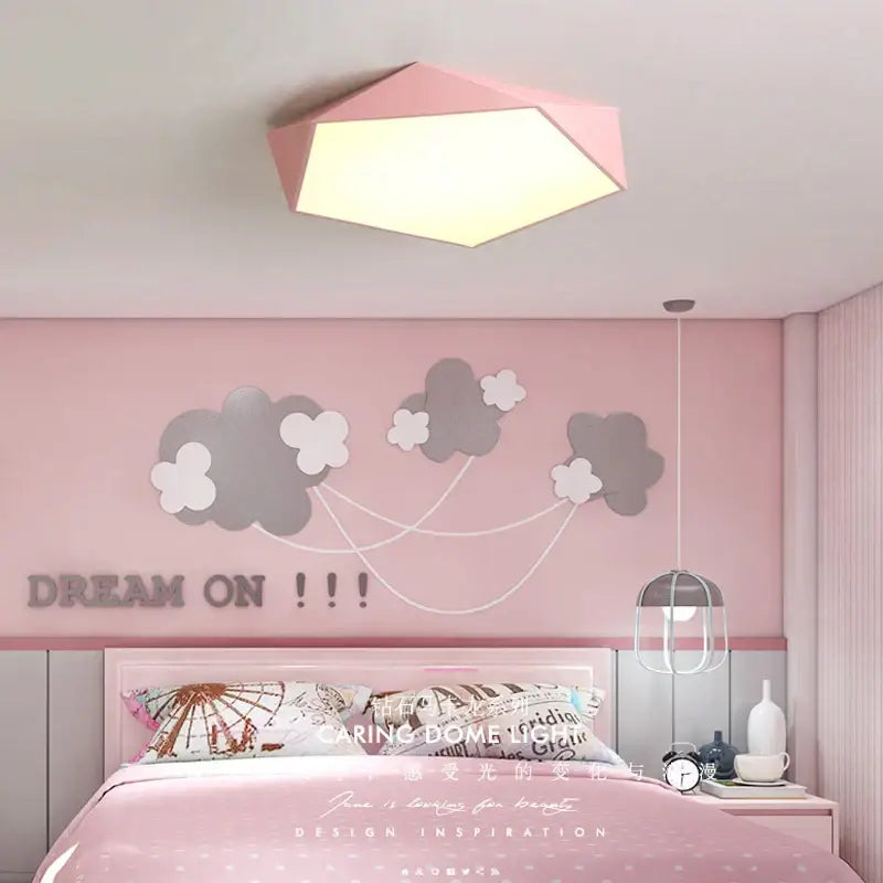 Pink hexagonal led ceiling lamp with modern geometric design for living room lighting in white material