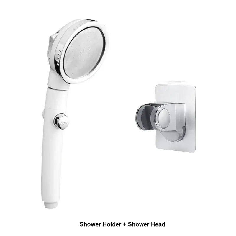 Modern white high pressure shower head with chrome finish and adjustable spray settings mounted on wall holder