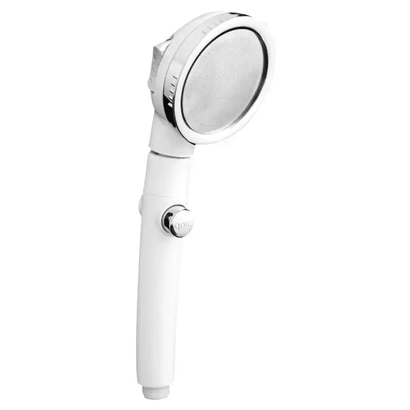 Modern white high pressure shower head with chrome nozzle and control knob for an efficient high pressure shower