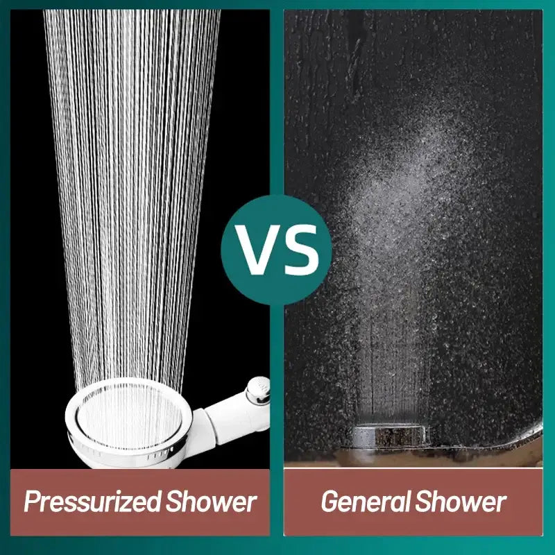 Comparison of modern white high pressure shower head with hose showing fine streams and broad spray shower head