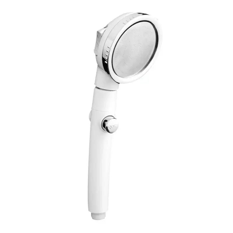 Modern white high pressure shower head with chrome nozzle and control knob for efficient pressure shower use