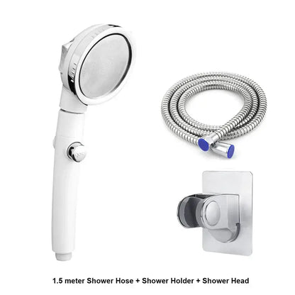 Modern white high pressure shower head with chrome circular spray face and control knob for adjustable pressure shower use