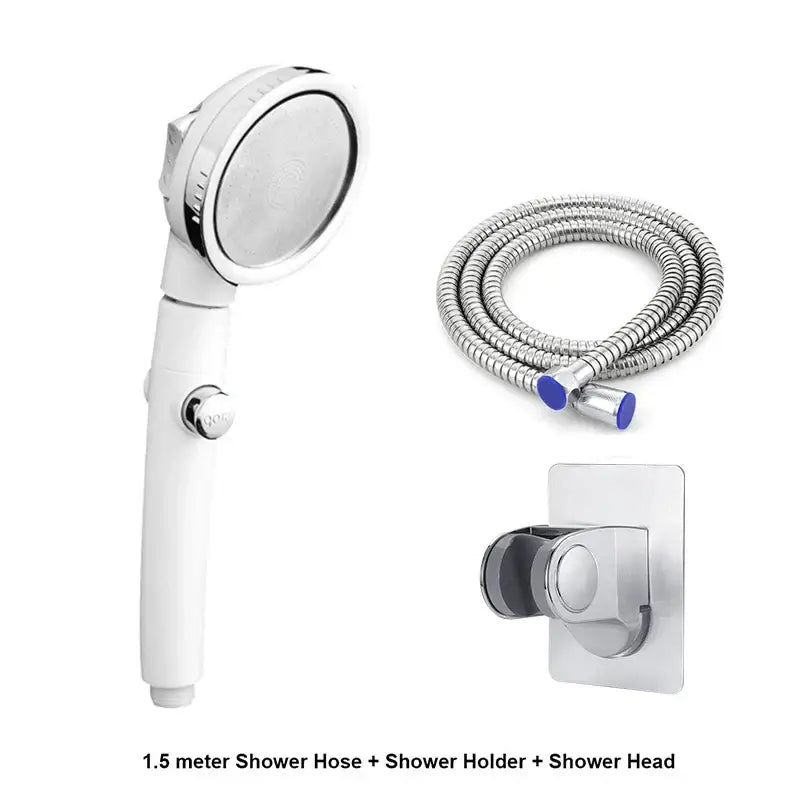 Modern white high pressure shower head with chrome circular spray face and control knob for adjustable pressure shower use