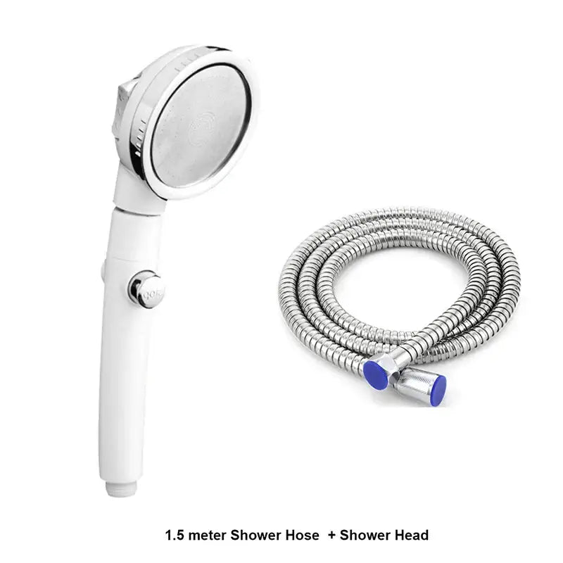 Modern white high pressure shower head with chrome accents and flexible silver hose for an efficient bathroom sprayer