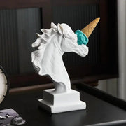 Modern white horse head sculpture decorbites horse head made of resin with golden waffle cone and teal ice cream horn for living room decor