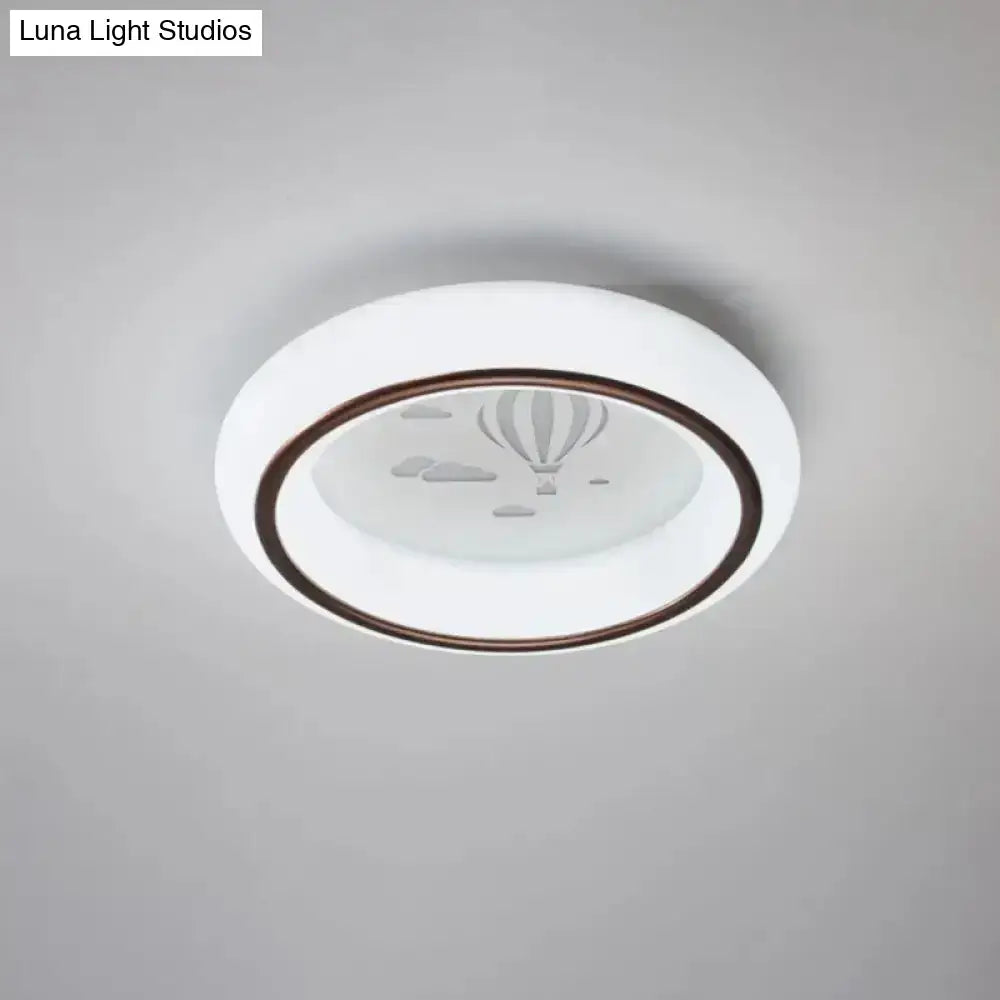 DecorBites™ contemporary white LED ceiling lamp with brown rim and etched hot air balloon design flush light