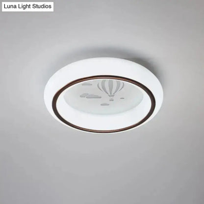 DecorBites™ contemporary white LED ceiling lamp with brown rim and etched hot air balloon design flush light