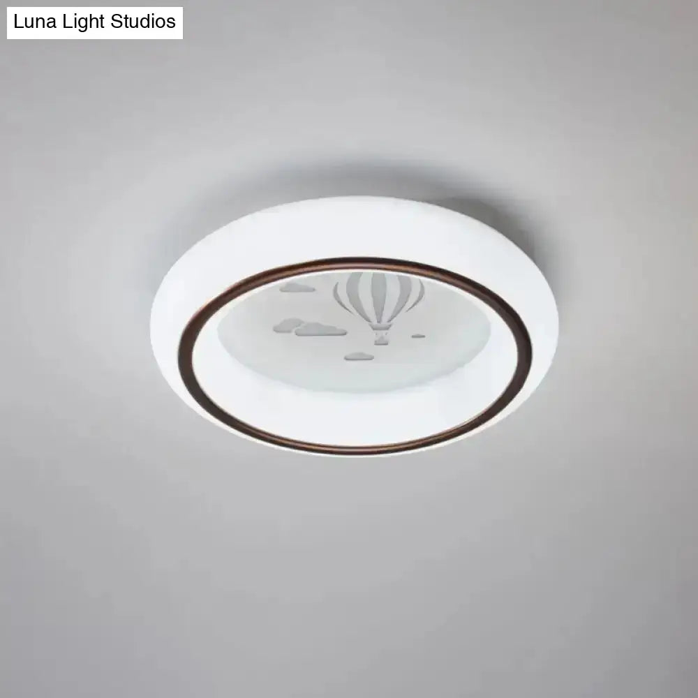 DecorBites™ contemporary white LED ceiling lamp with brown rim and frosted glass etched with hot air balloon design