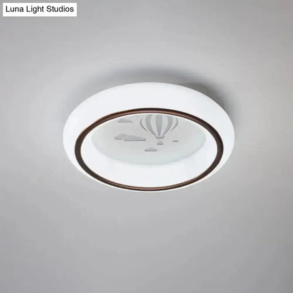 DecorBites™ contemporary white LED ceiling lamp with brown rim and frosted glass etched with hot air balloon design