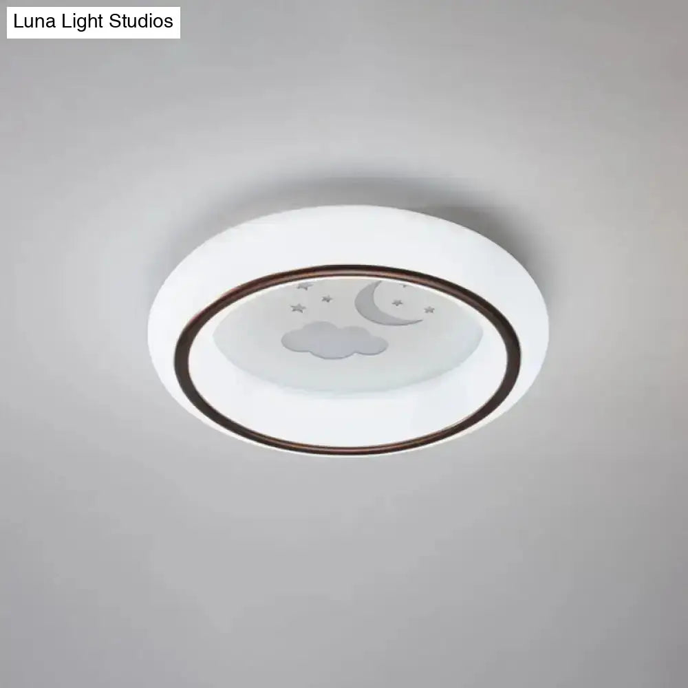 White circular LED ceiling lamp with frosted glass and dark brown rim featuring moon deer and hot air balloon design