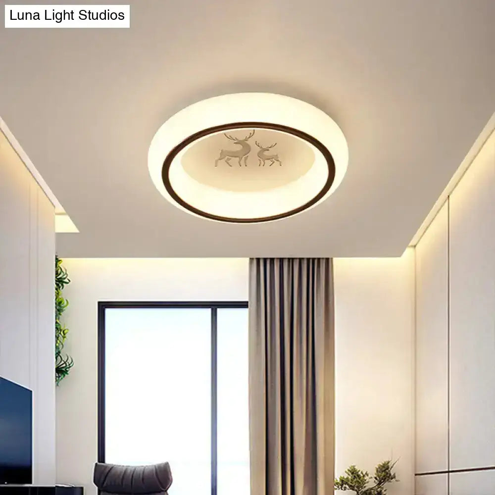 Decorbites™ contemporary led ceiling lamp in white with warm glow, dark brown deer, black ring, and hot air balloon design
