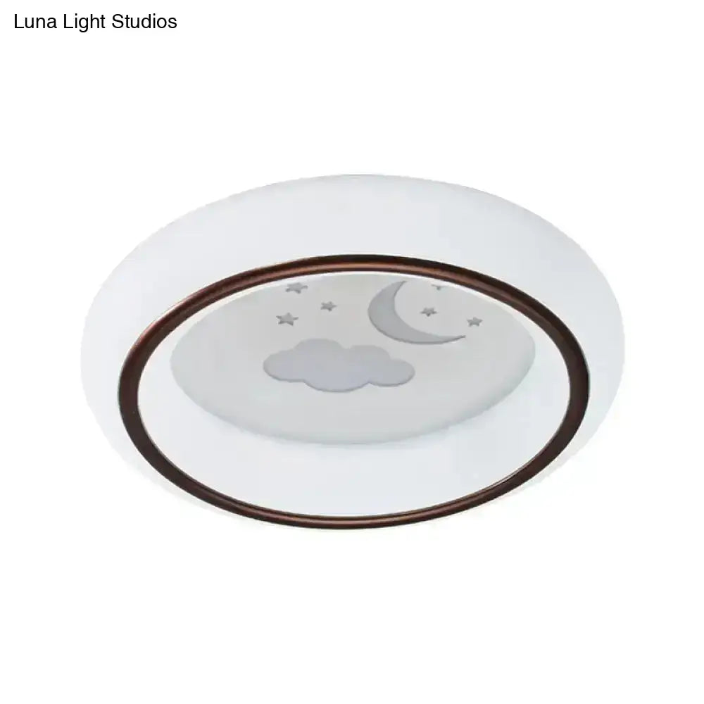 Decorbites contemporary led ceiling lamp in white with bronze rim and frosted glass featuring moon cloud stars and hot air balloon designs