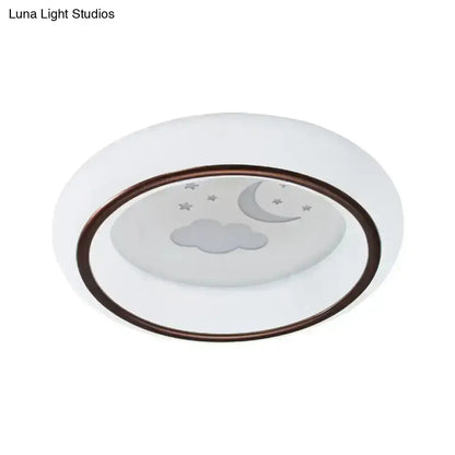 Decorbites contemporary led ceiling lamp in white with bronze rim and frosted glass featuring moon cloud stars and hot air balloon designs