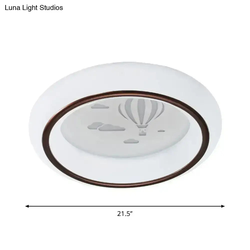 DecorBites™ contemporary white LED ceiling lamp with bronze rim and etched hot air balloon design flush light