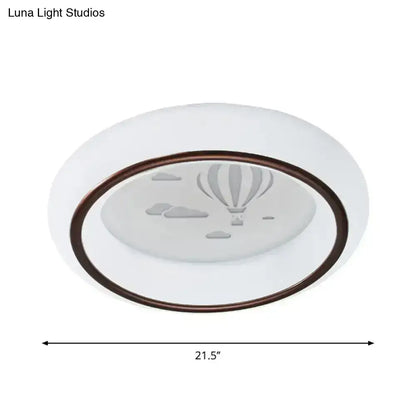 DecorBites™ contemporary white LED ceiling lamp with bronze rim and etched hot air balloon design flush light