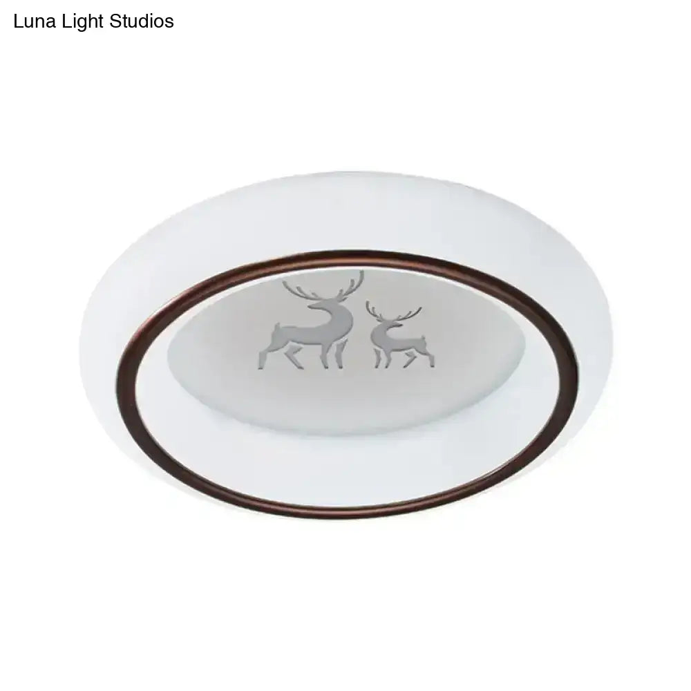 Decorbites™ contemporary white oval LED ceiling lamp with bronze rim frosted glass and etched deer and hot air balloon design