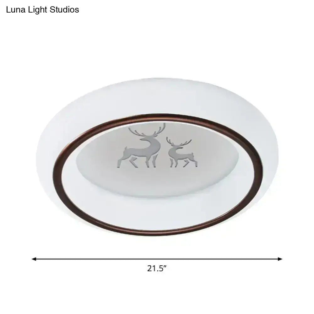 Decorbites™ contemporary white oval ceiling lamp with bronze rim frosted glass and etched deer hot air balloon design