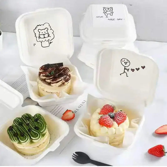 Modern white illustrated decorbites biodegradable dessert box set with black line art lids holding layered cakes