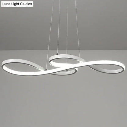 Modern white metal infinity-shaped led chandelier with minimalist design and thin cords for dining room with gear remote control