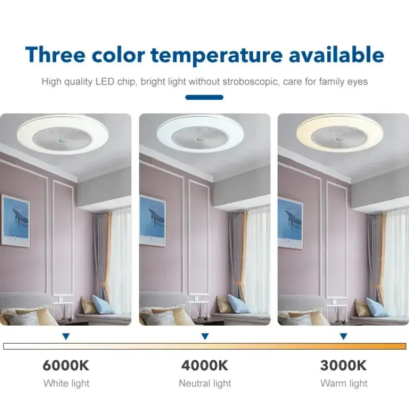 Modern white decorbites invisible blade led ceiling fan with circular light and three color temperature options for bedroom