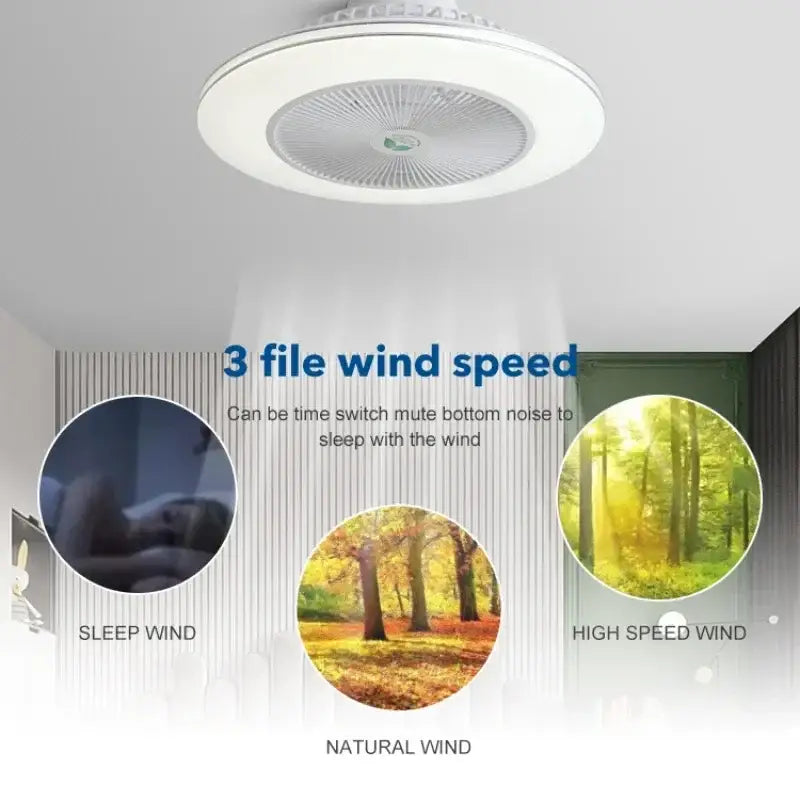 Modern white invisible blade led ceiling fan with integrated lighting and three speed settings for bedroom decorbites ceiling fan