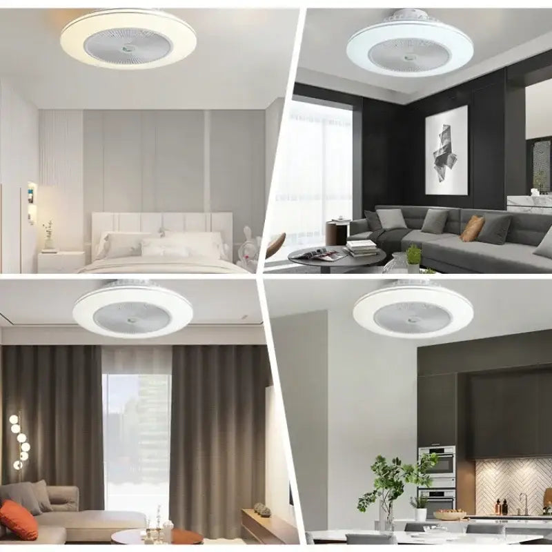 Modern white invisible blade led ceiling fan with sleek circular design and integrated led lighting by decorbites invisible blade