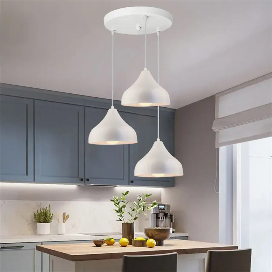 Three white matte iron cage pendant lights with modern conical design for kitchen and living room decorbites iron cage