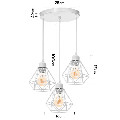 Modern white iron cage pendant lights featuring three diamond-shaped wire cages with warm filament bulbs for decorbites