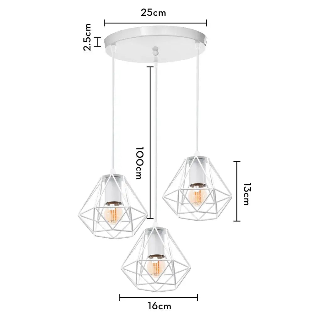 Modern white iron cage pendant lights featuring three diamond-shaped wire cages with warm bulbs for kitchen decorbites iron cage
