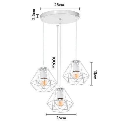 Modern white iron cage pendant lights featuring three diamond-shaped wire cages with warm bulbs for kitchen decorbites iron cage
