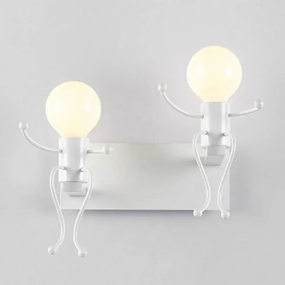 Modern white iron man cartoon wall sconce made of metal with two whimsical lightbulb figures and articulated limbs