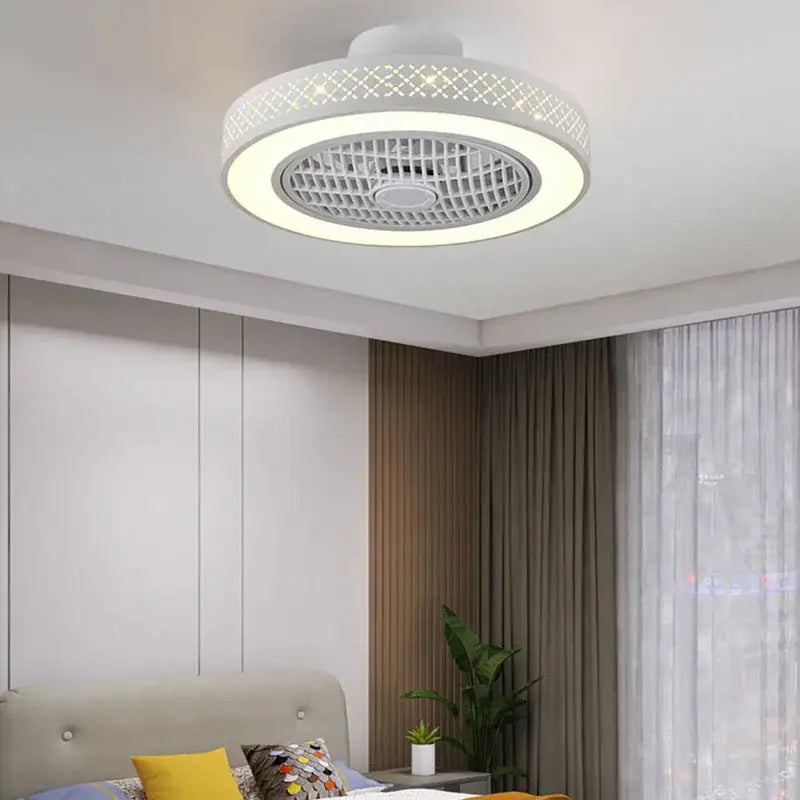 Modern white lattice led ceiling fan light with decorative fan light and integrated led for bedroom use