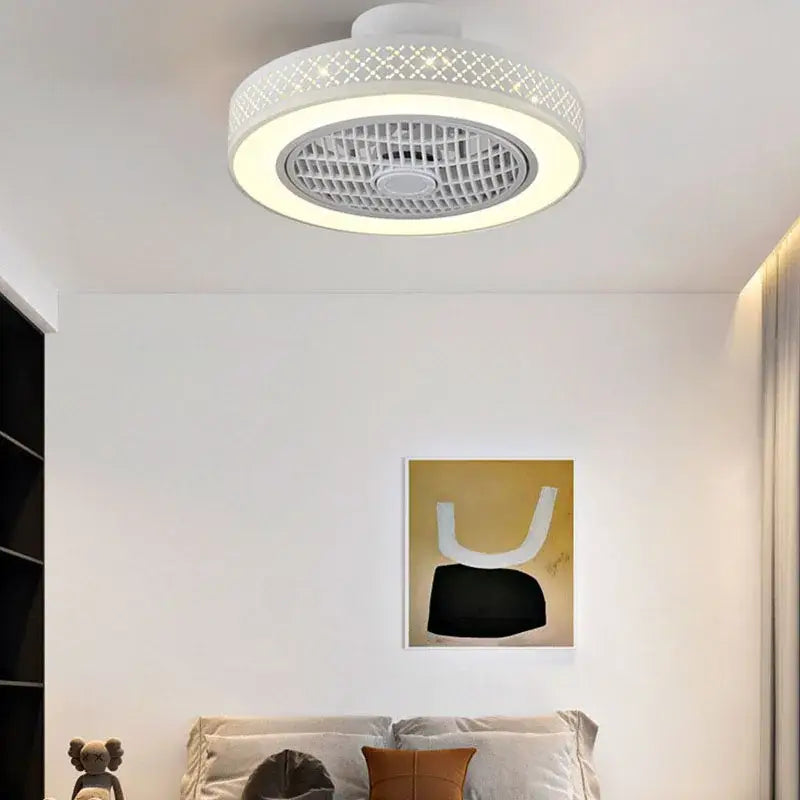 Modern white lattice led ceiling fan light with decorative outer rim ideal as a bedroom ceiling fan light